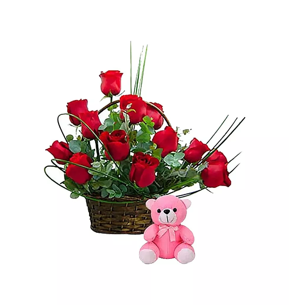 Attractive Floral Basket and Teddy Combo