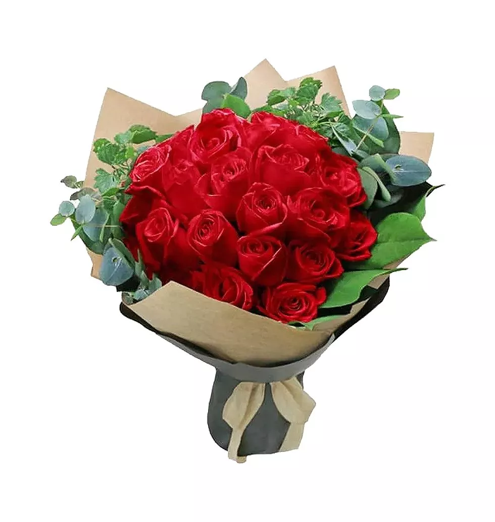 30 red roses in bouquet.