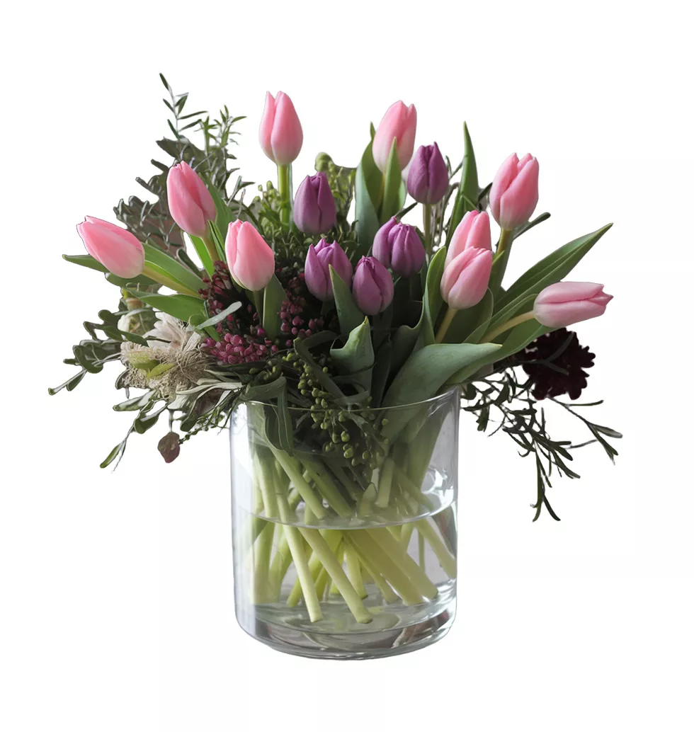 24 Tulips with Seasonal Blooms Arrangement