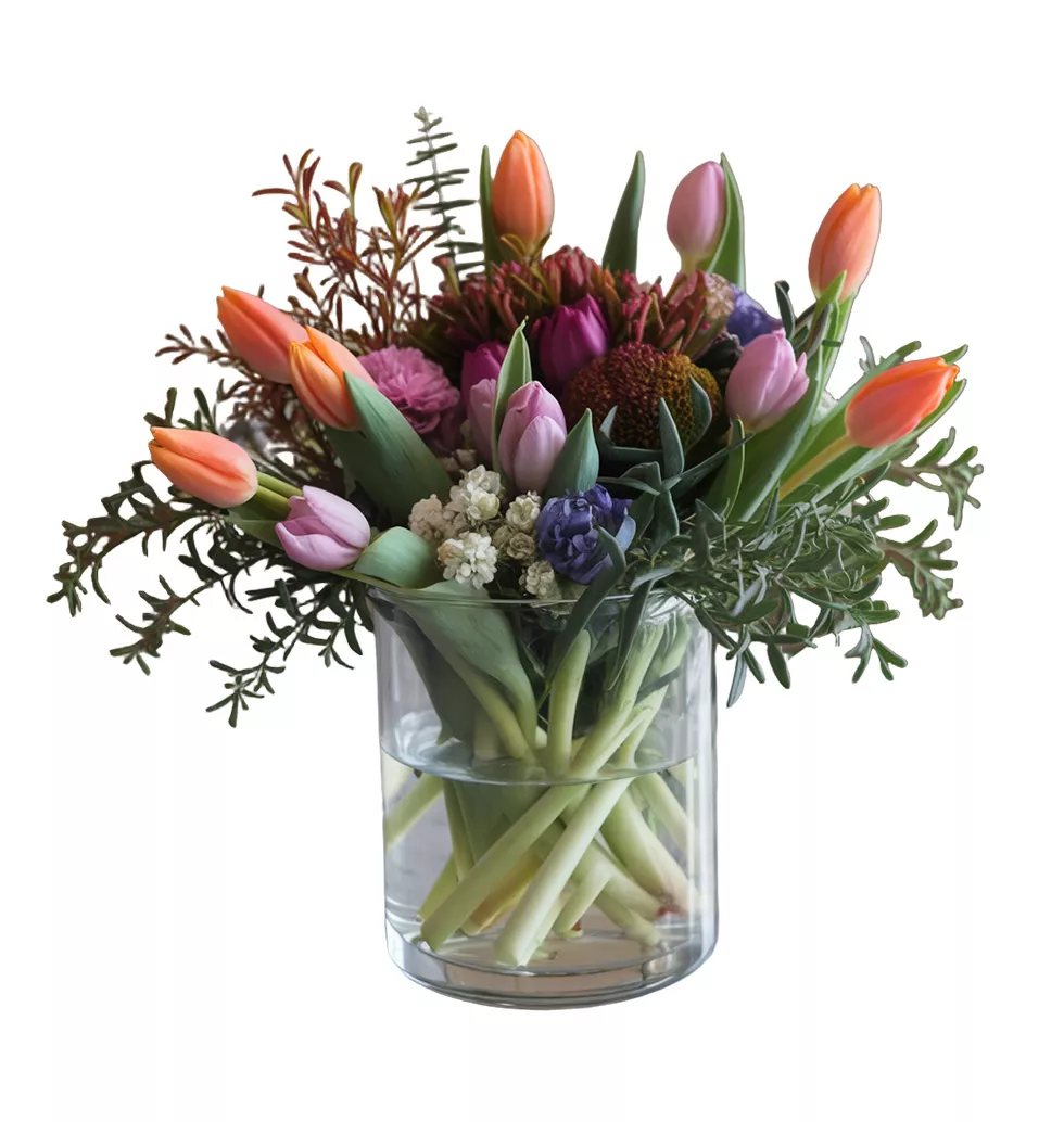 Mixed Tulips with Seasonal Flowers Arrangement