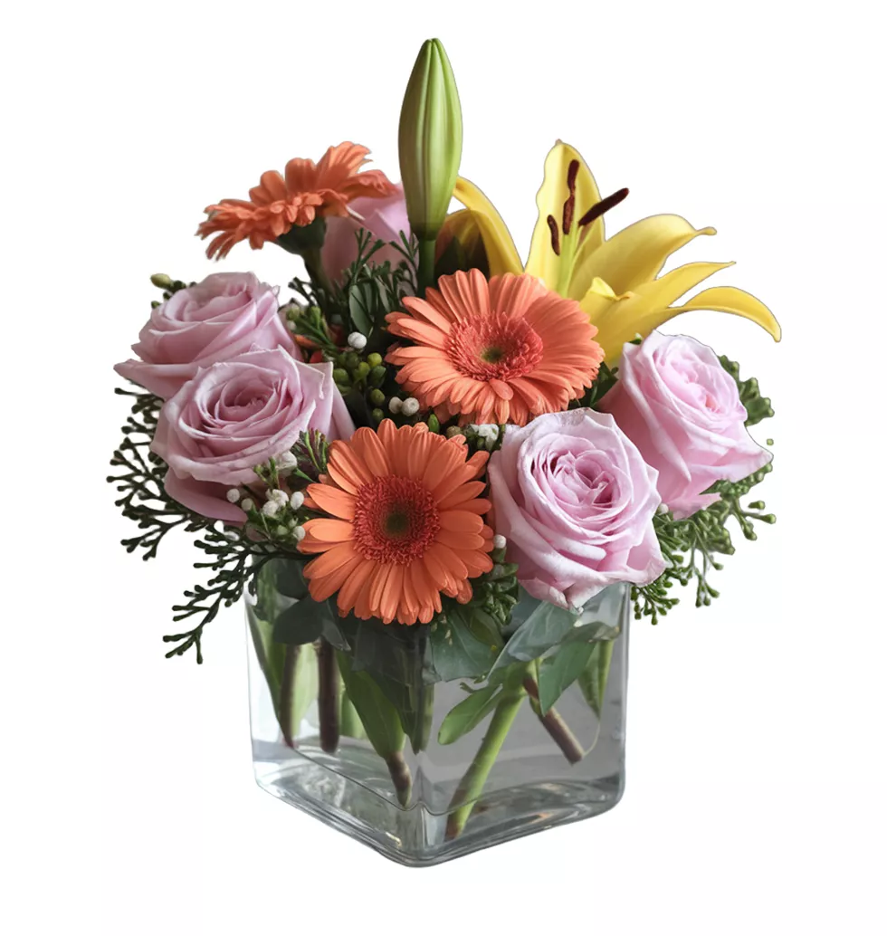 Colorful Arrangement : Roses, Gerberas and Lilies