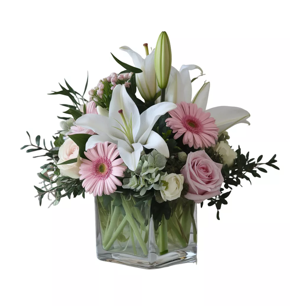 Vibrant Seasonal Flowers in Square Vase