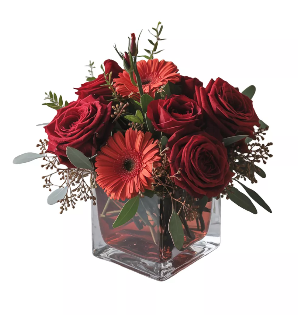 Vibrant Red Roses and Gerberas Arrangement