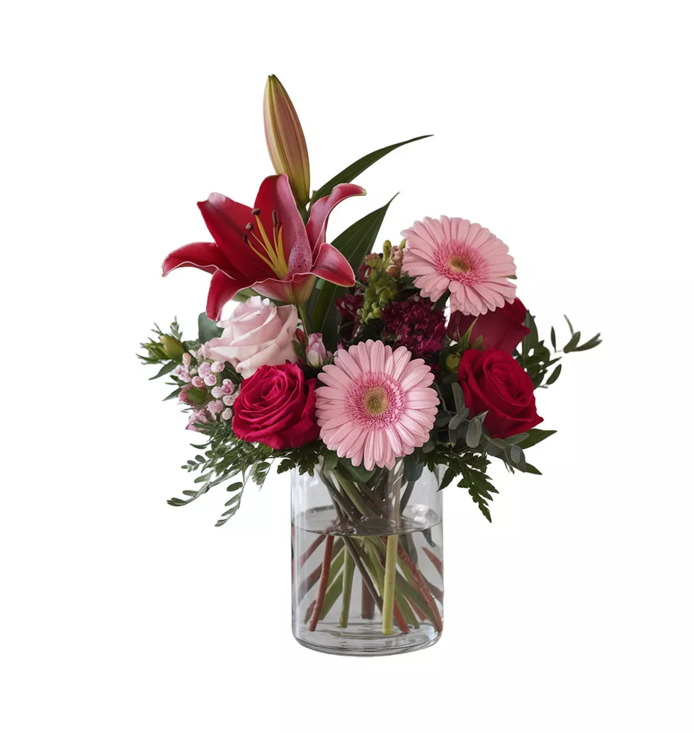 Elegant Arrangement : Roses, Lilies and Gerberas